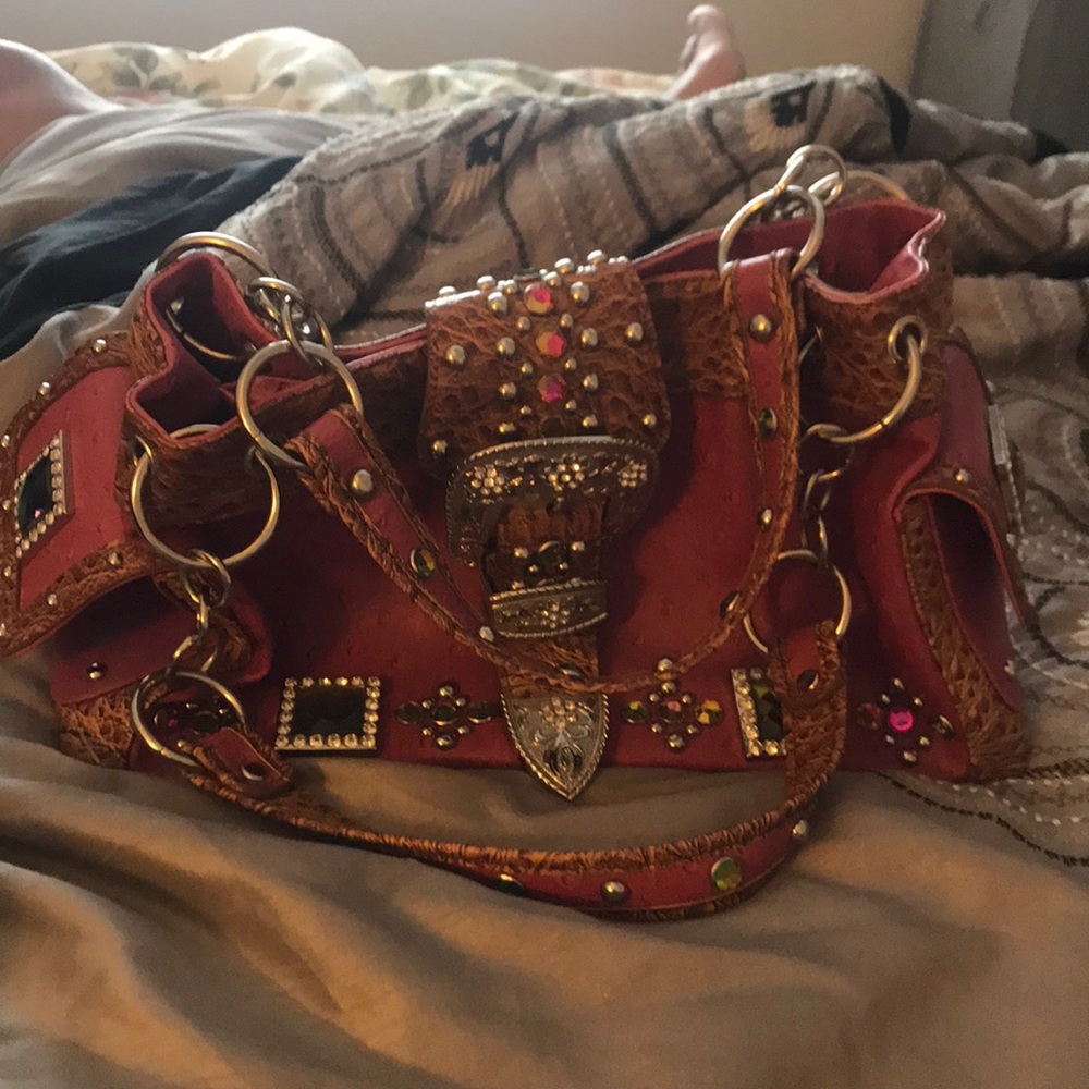 Pink & silver belt studded shoulder bag
